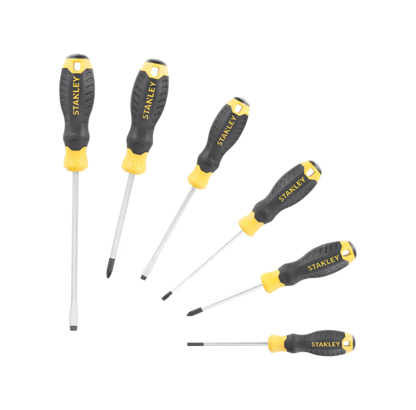STANLEY STHT16172-0 photography of six screwdriver set with black and yellow handles, front angle, white background.