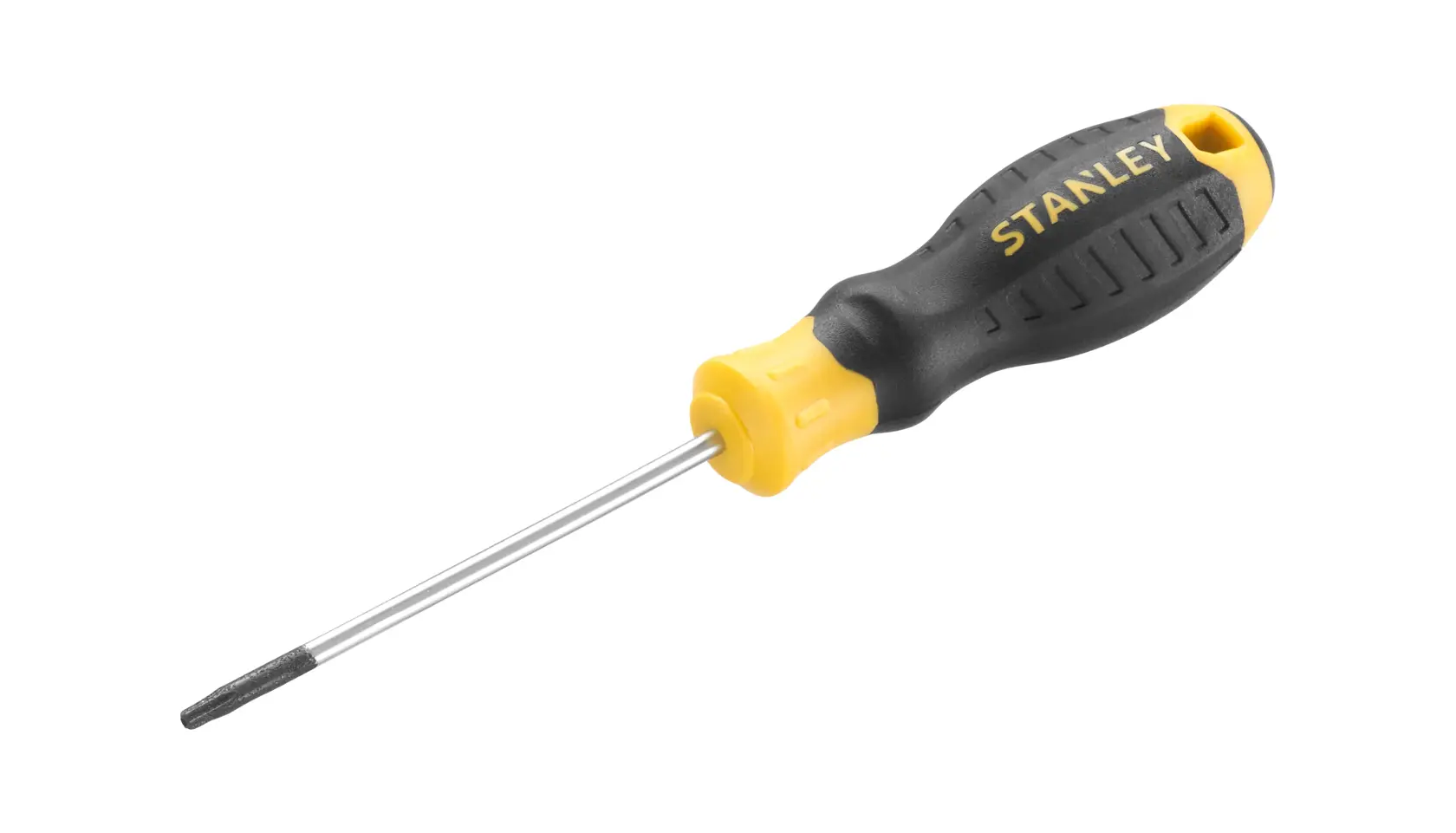 Photo of STANLEY STHT16177-0 screwdriver with black and yellow handle, angled on white background.