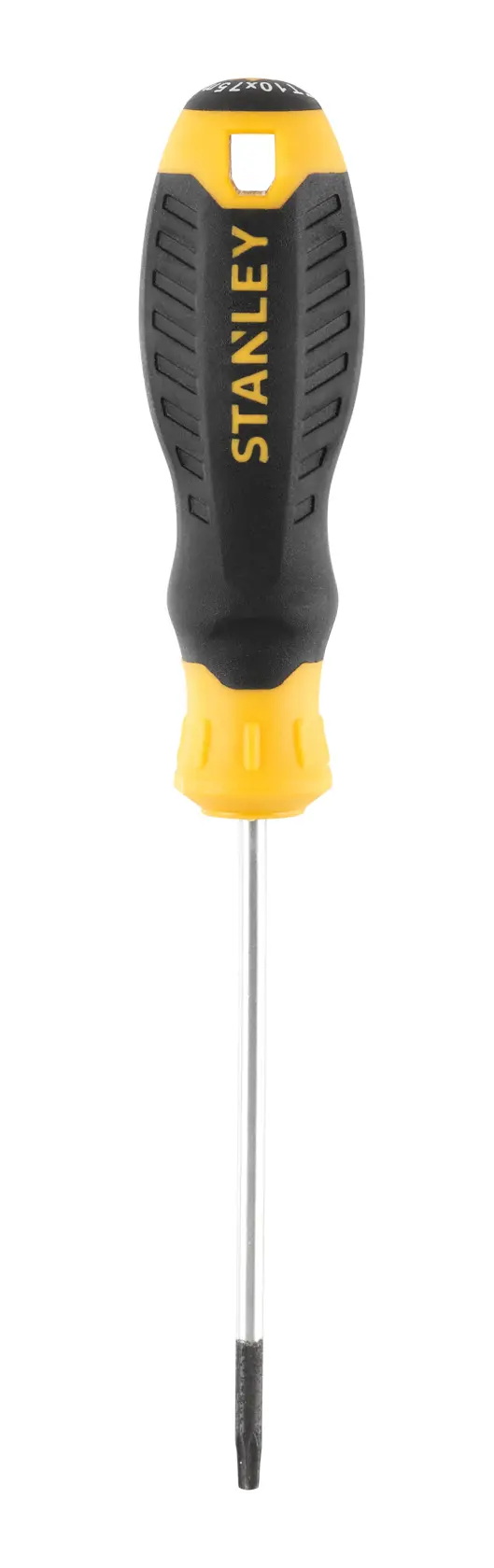 STANLEY STHT16177-0 screwdriver with black and yellow ergonomic handle, front angle on white background.