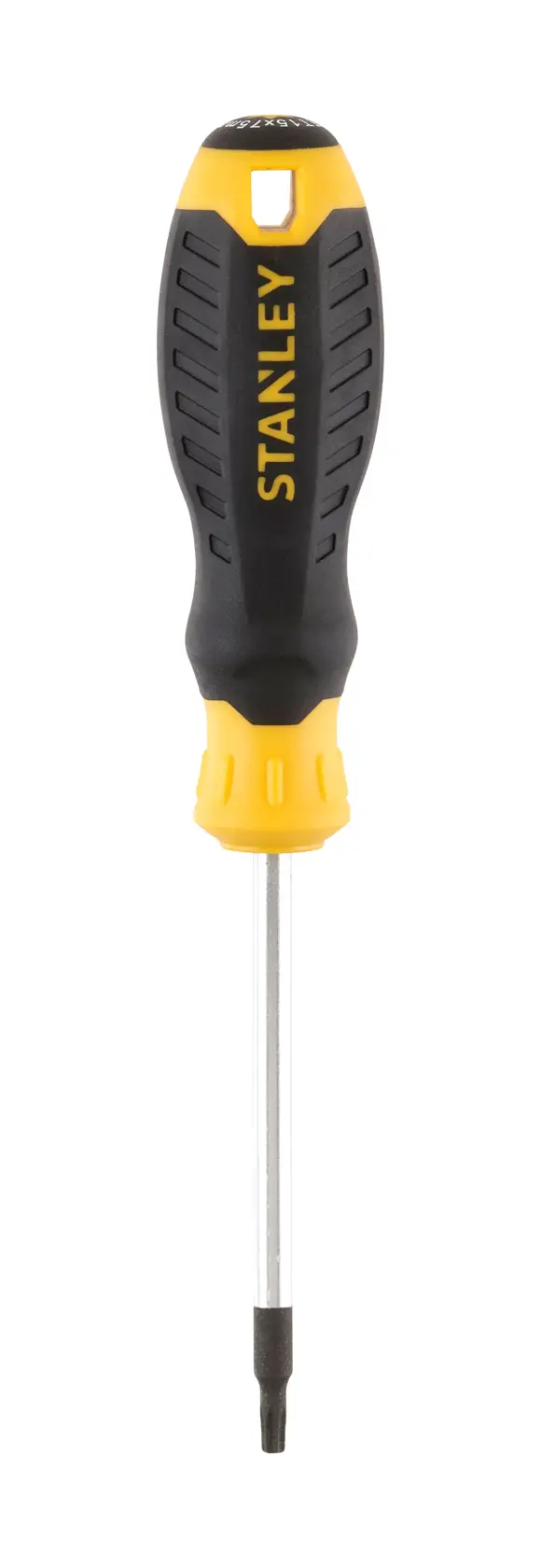 Photo of STANLEY STHT16178-0 screwdriver with black and yellow handle, front angle on white background.