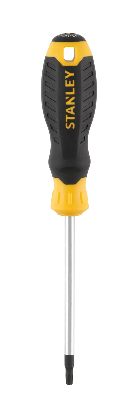 STANLEY STHT16180-0 screwdriver with black and yellow handle, front angle, photography on white background.