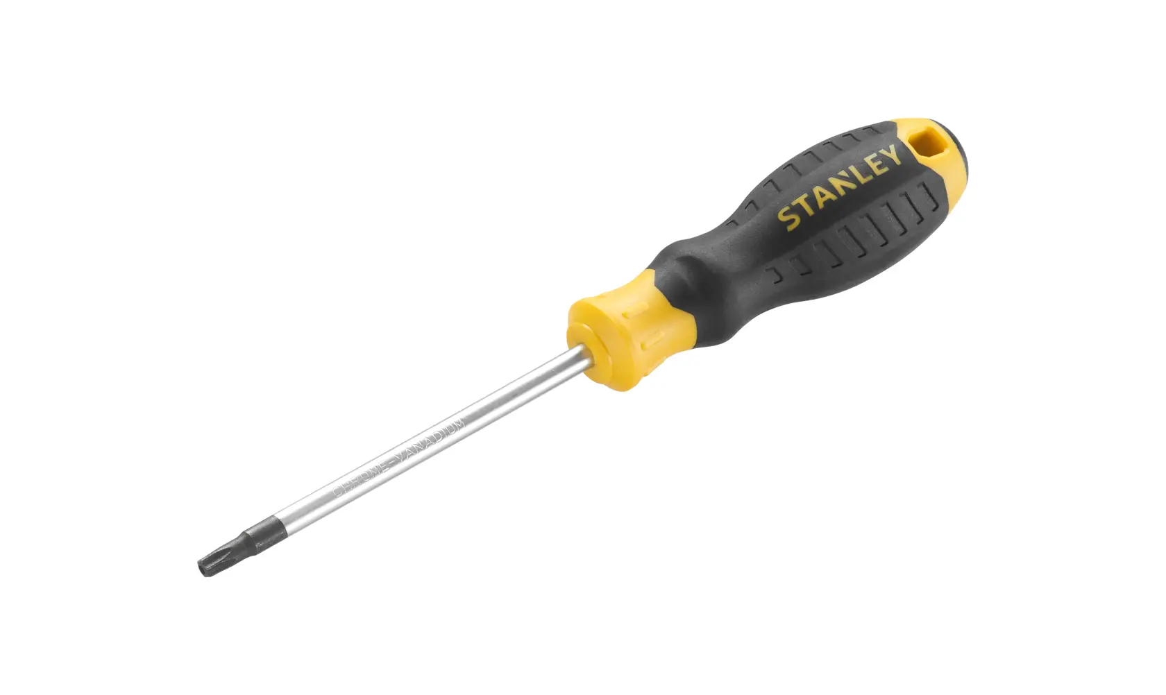 Photo of STANLEY STHT16181-0 screwdriver with black and yellow ergonomic handle, side angle, white background.