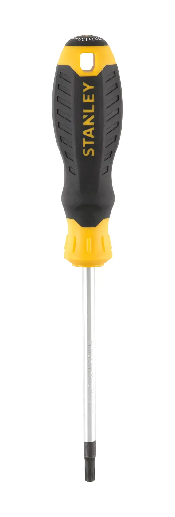 Photo of STANLEY STHT16181-0 screwdriver with black and yellow ergonomic handle, front angle, white background.