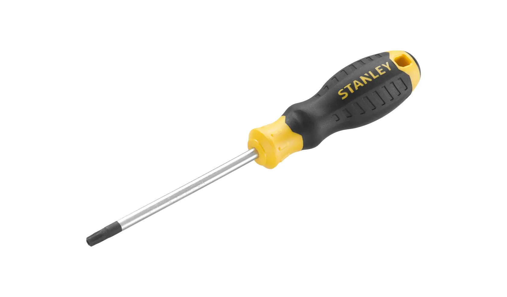 Photo of STANLEY STHT16182-0 screwdriver with black and yellow handle, side angle on white background.