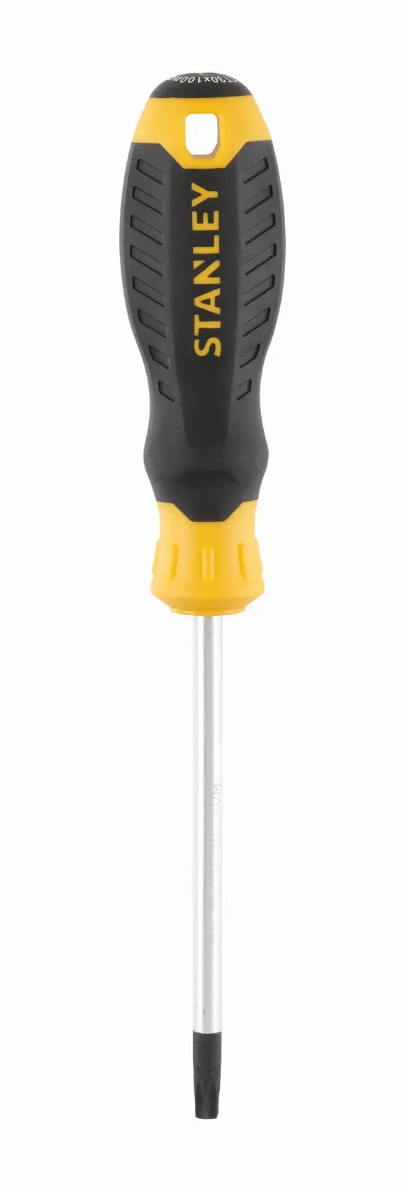 STANLEY STHT16182-0 screwdriver with black and yellow handle, front angle, white background.