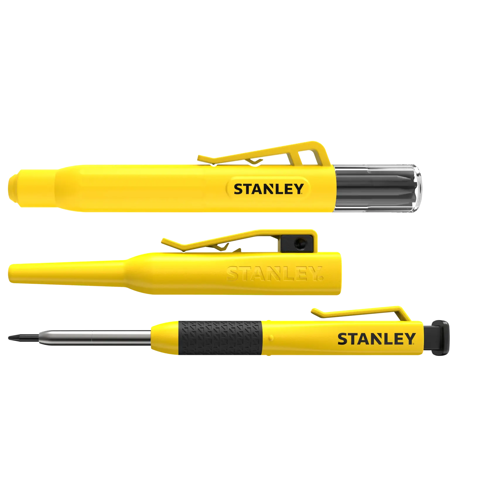 Photo of STANLEY STHT72009 yellow precision screwdriver set, three pieces with pen clip, white background.