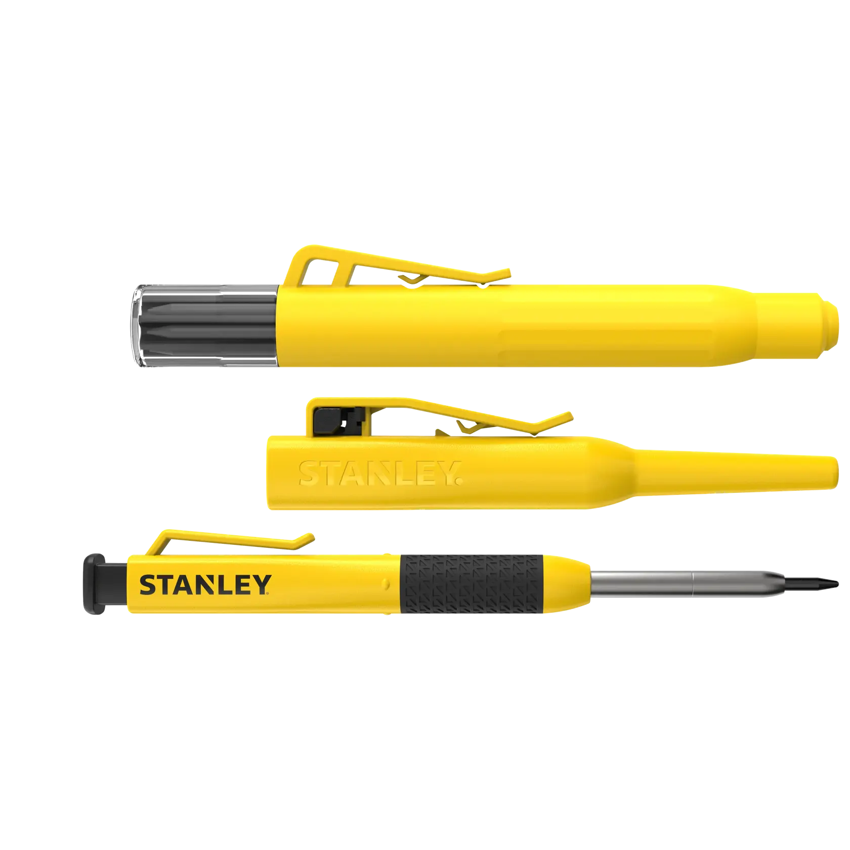 STANLEY STHT72009 yellow multi-bit screwdriver pen, side view, rubber grip and pocket clip visible.