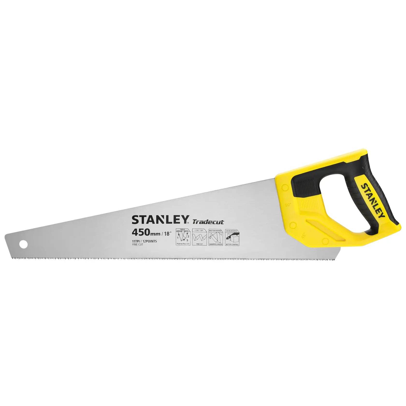 Photo of STANLEY STHT20355-1 hand saw with yellow and black handle, 450mm blade, side view on white background.
