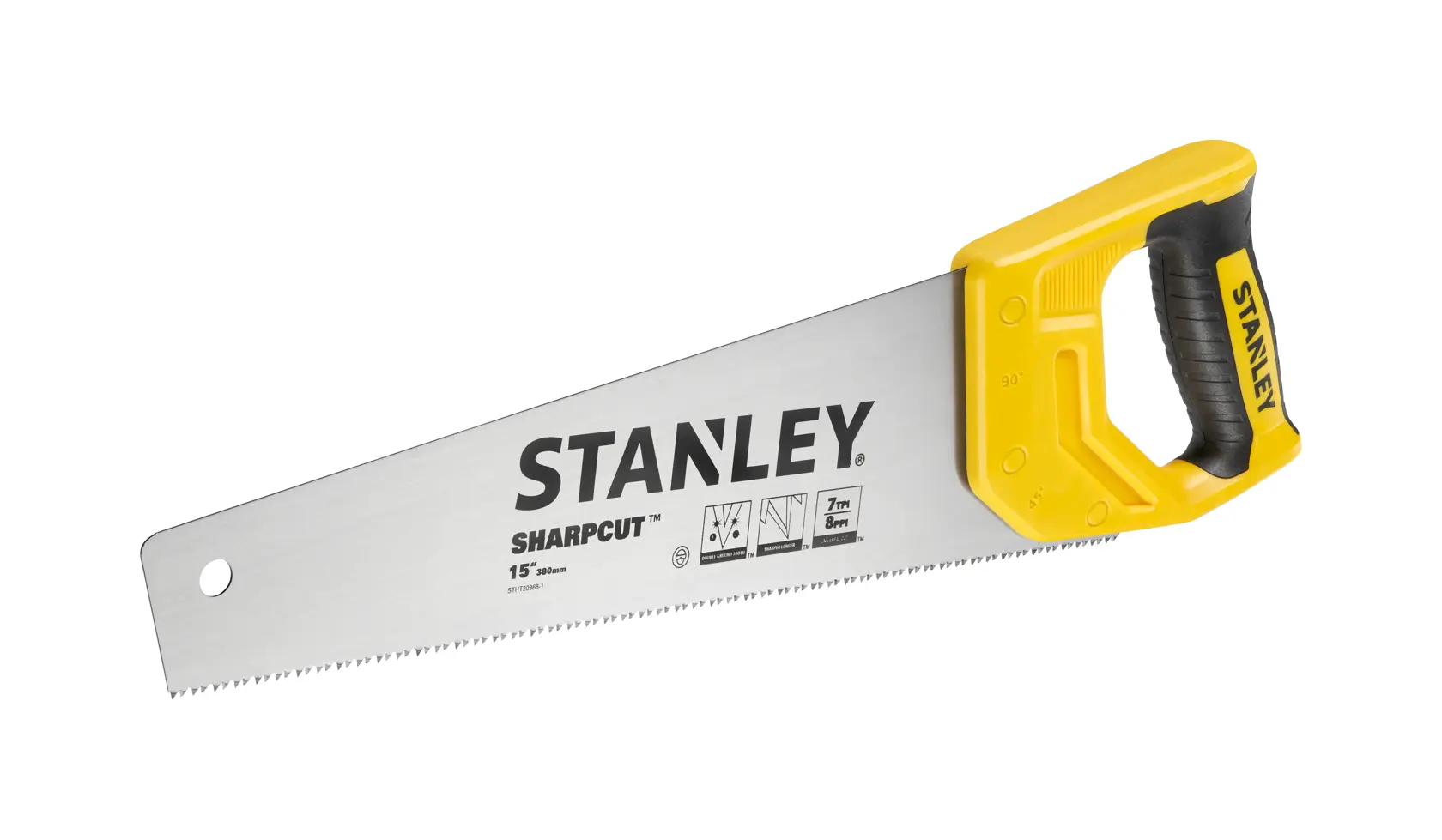 STANLEY STHT20366-1 hand saw with yellow and black handle, side view on white background.
