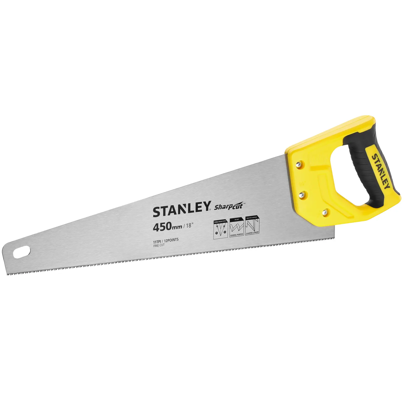 STANLEY STHT20370-1 hand saw with yellow handle, 450mm blade, side angle on white background.