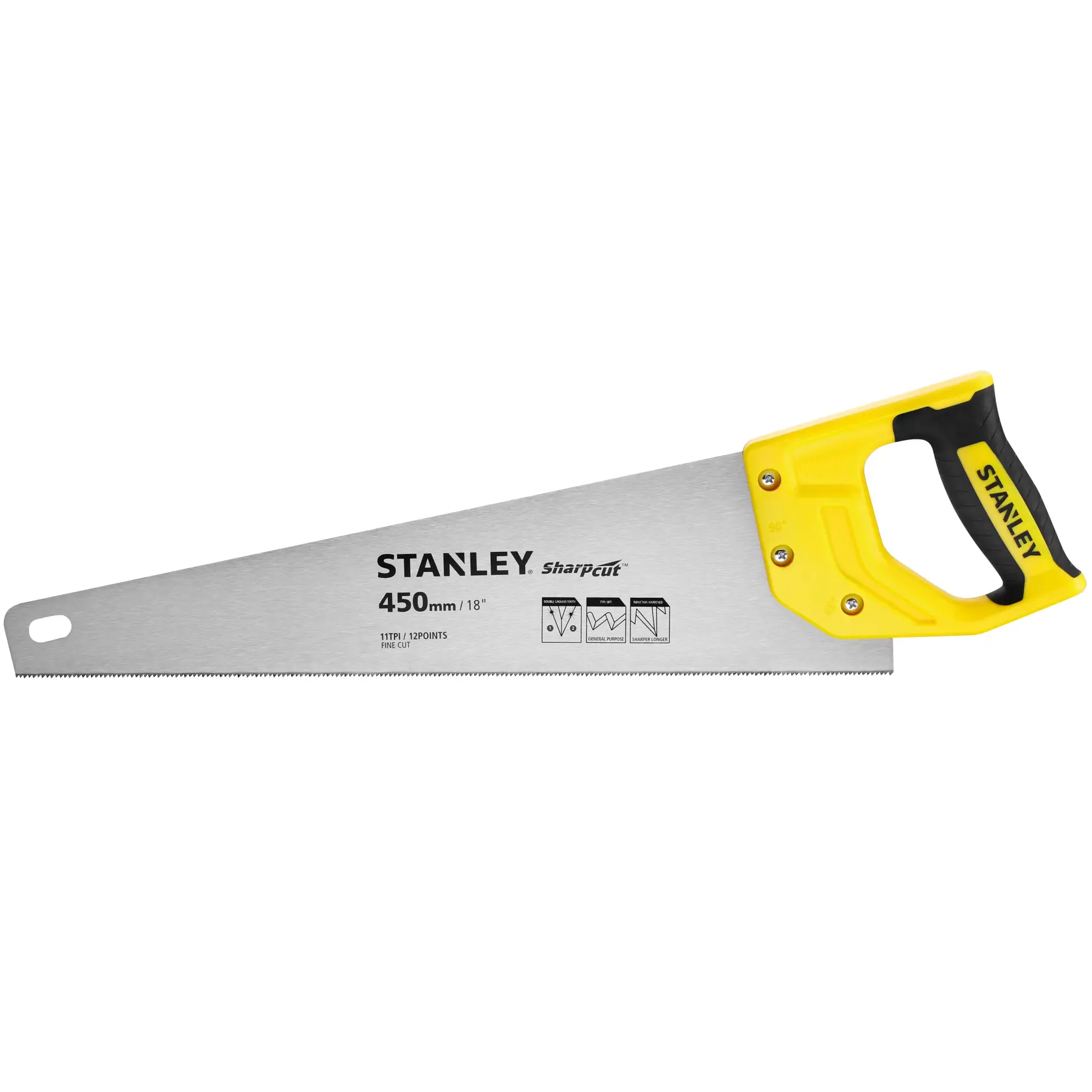 Photo of STANLEY STHT20370-1 hand saw with yellow and black handle, 450mm blade, side angle.