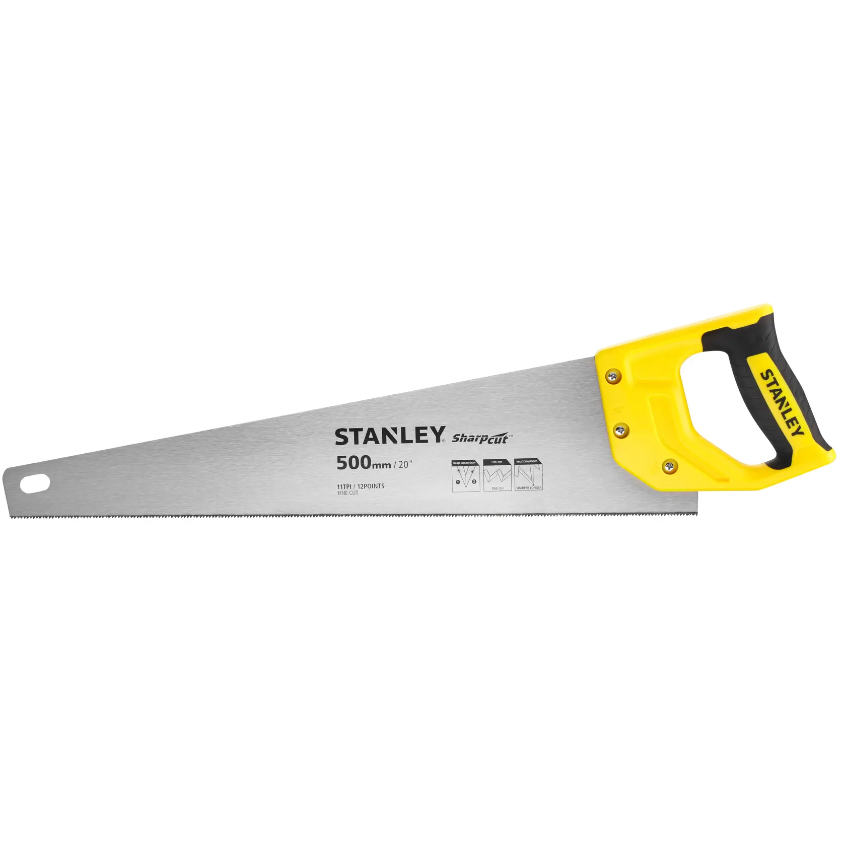 Photo of STANLEY STHT20371-1 hand saw with yellow and black handle, silver blade, side view on white background.