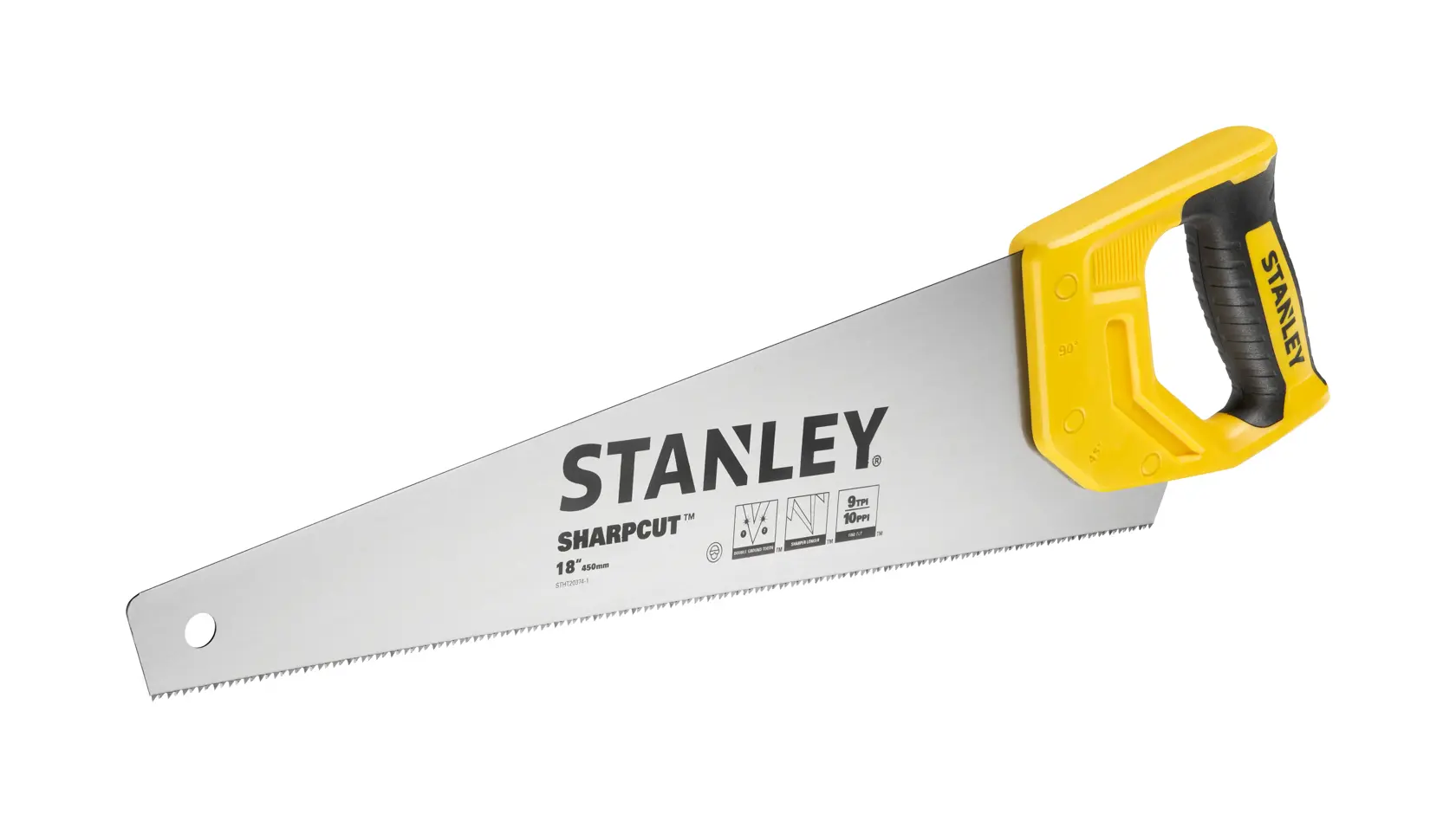 Photo of STANLEY STHT20374-1 hand saw with yellow and black handle, angled view on white background.