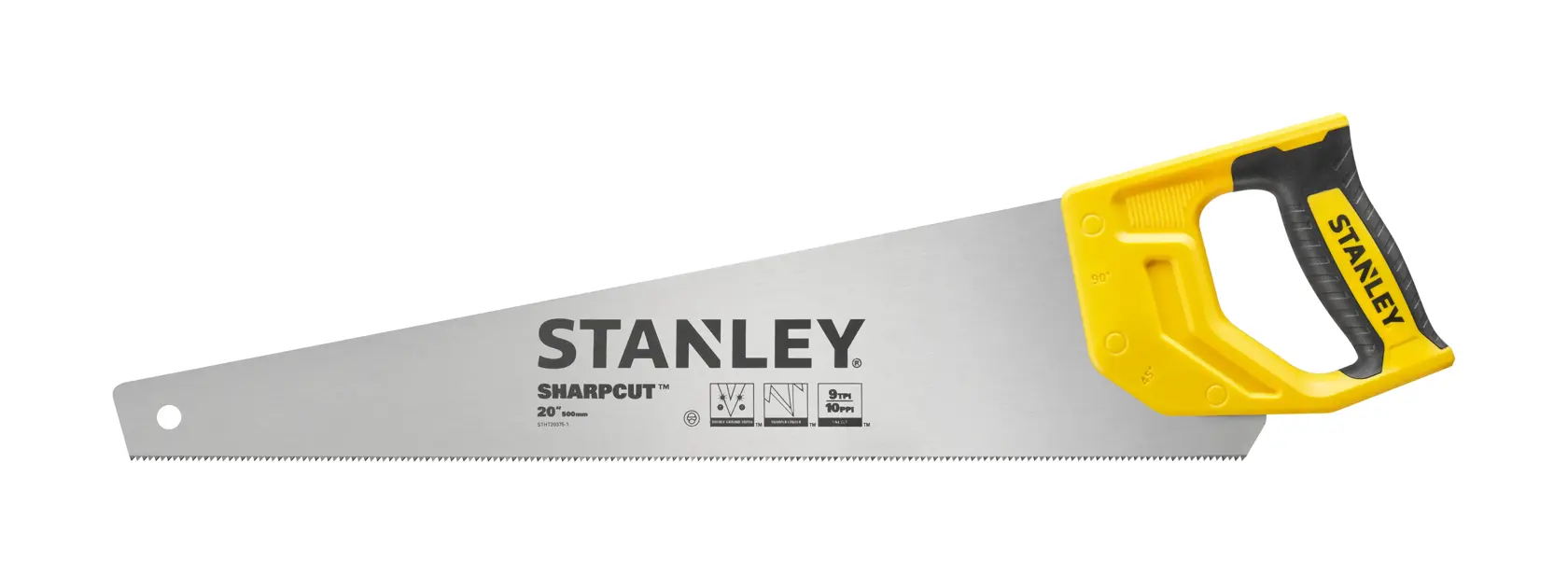 Photo of STANLEY STHT20375-1 hand saw with yellow and black handle, metal blade, side angle on white background.