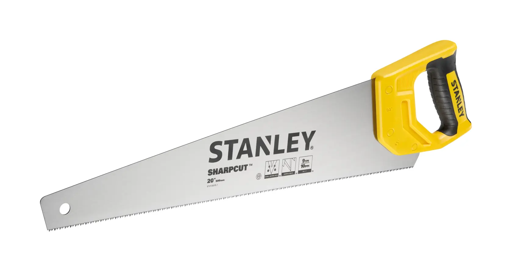 STANLEY STHT20375-1 hand saw with yellow and black ergonomic handle, side angle on white background.
