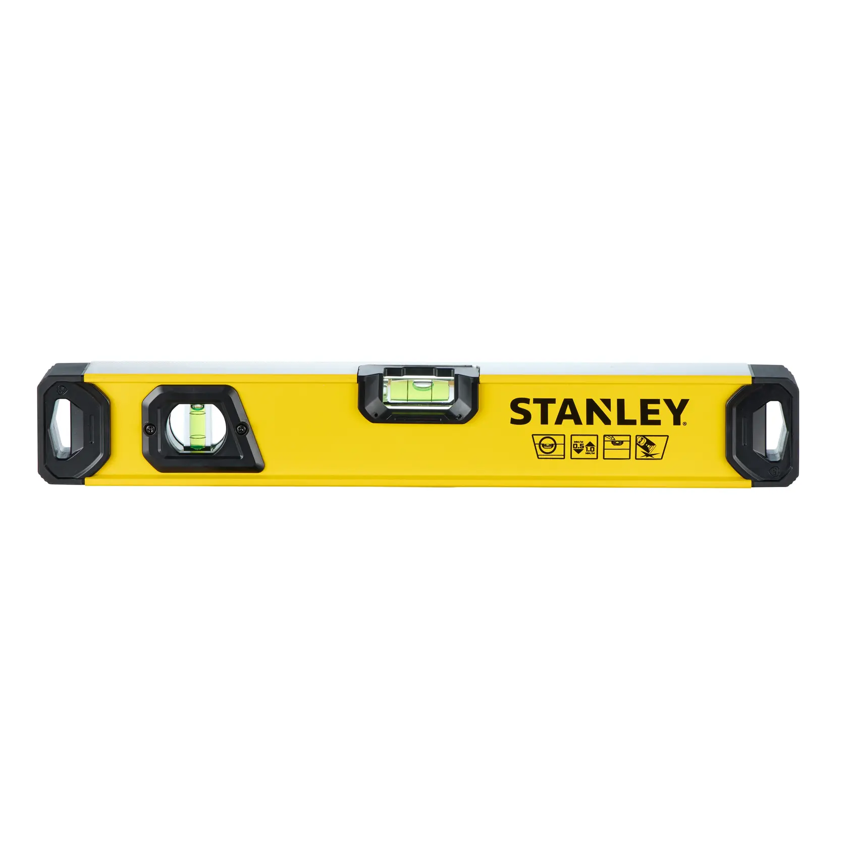 A yellow STANLEY spirit level tool with black end caps, positioned horizontally on a white background.
