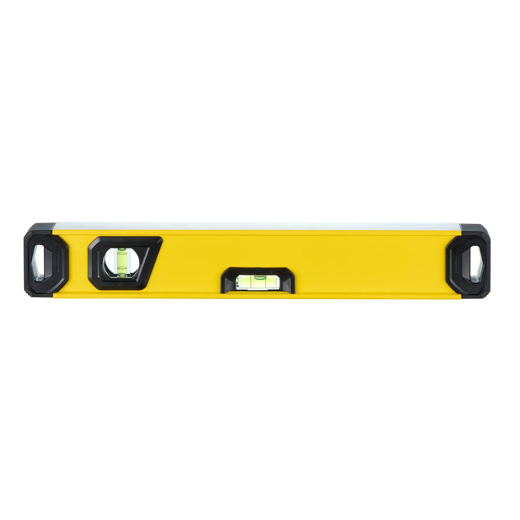 A yellow spirit level tool with black ends and two bubble vials, placed against a white background.