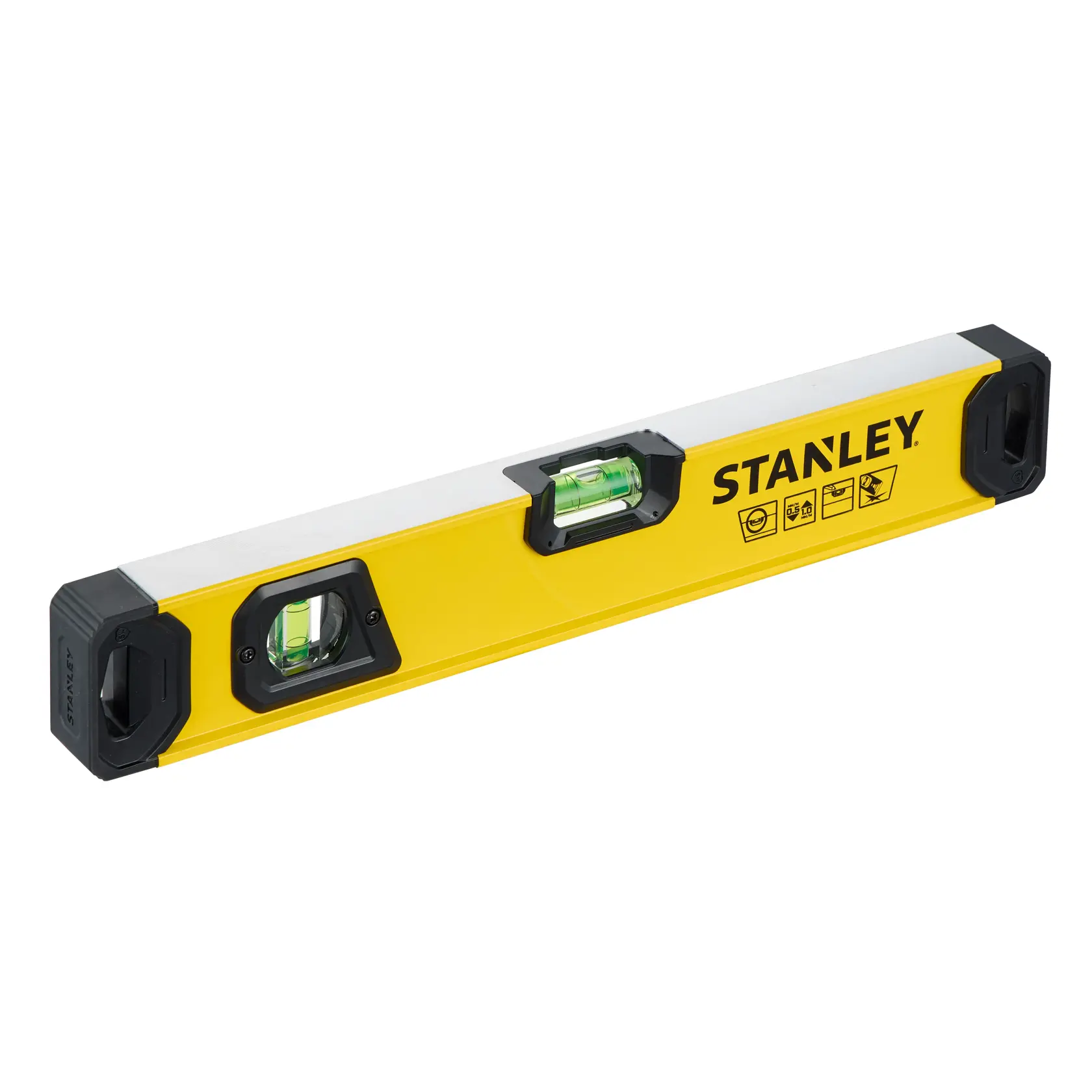 A yellow Stanley spirit level with black end caps and a central bubble vial, used for measuring horizontal and vertical alignment.