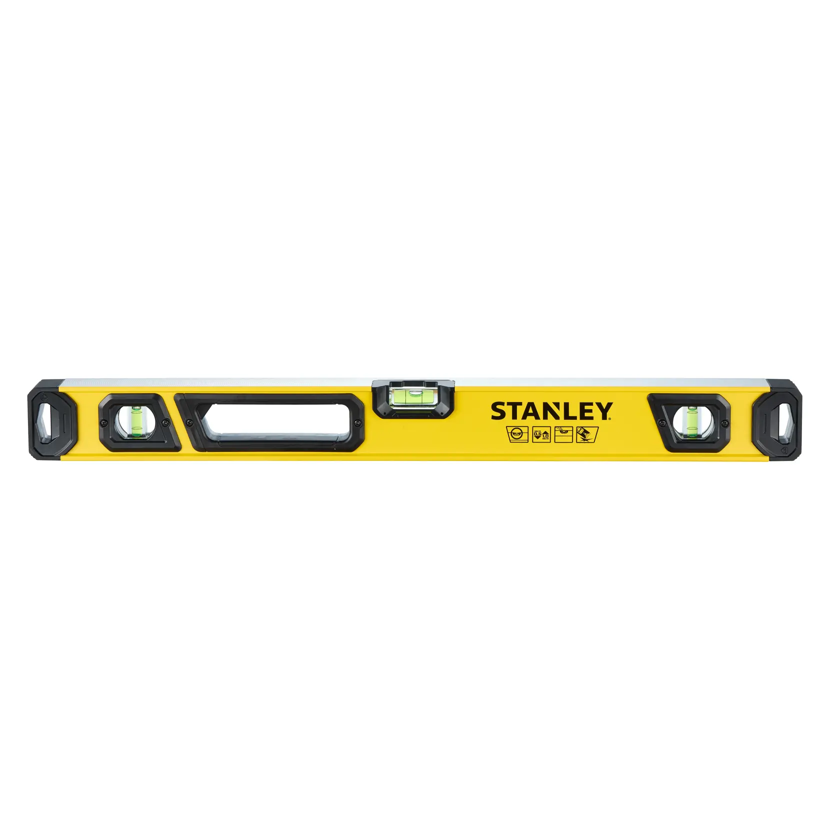 A yellow and black Stanley spirit level tool with three vials, designed for measuring horizontal and vertical alignment.