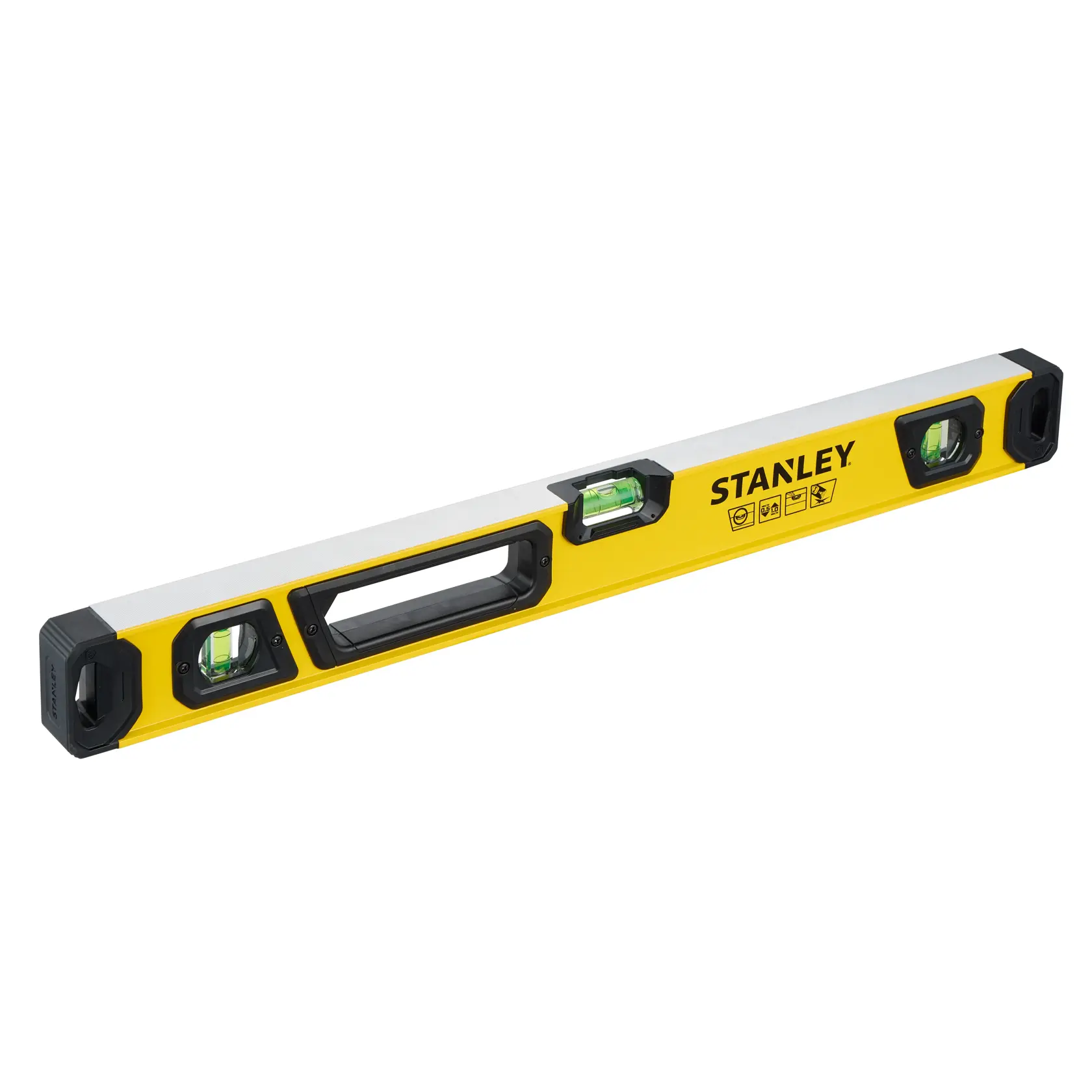 A STANLEY spirit level with a yellow body and black end caps, featuring three bubble vials for measurement.