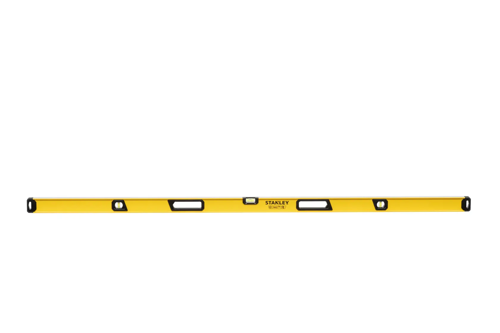A yellow STANLEY spirit level with multiple viewing windows and black edging, shown horizontally against a white background.