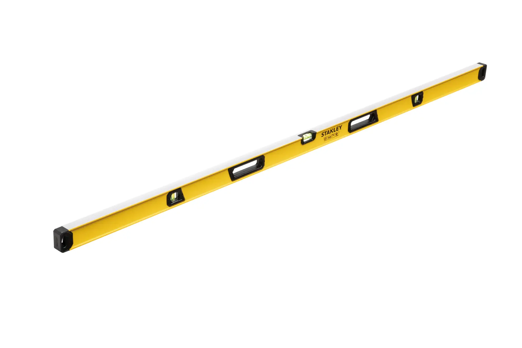 A yellow and silver Stanley spirit level with black end caps, featuring multiple vials for measuring horizontal and vertical alignment.