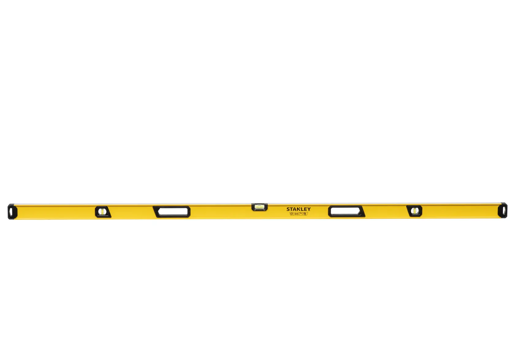 A yellow Stanley spirit level with black end caps and multiple bubble vials, designed for measuring horizontal and vertical alignment.