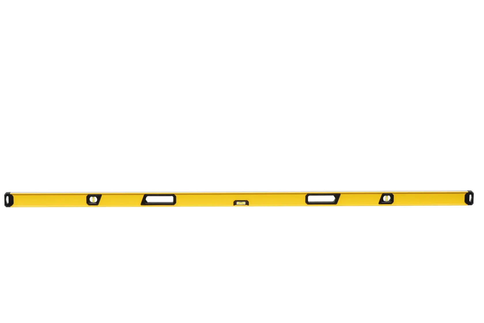 A long, yellow spirit level tool with multiple handles and bubble vials, used for checking horizontal and vertical alignment.