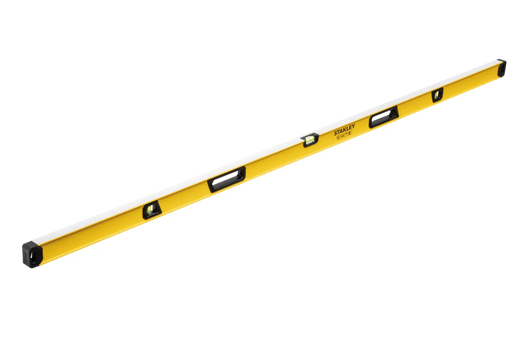 A long, yellow and silver spirit level with three bubble vials and two hand grips, used for measuring level surfaces. Brand: STANLEY.