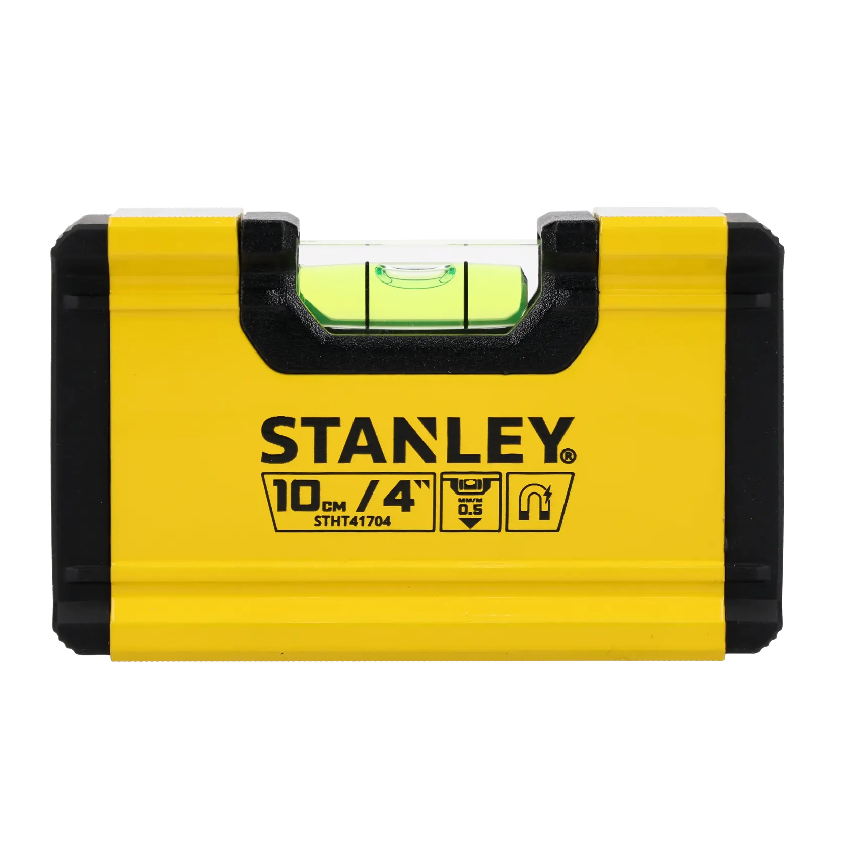Stanley STHT41704-0 yellow and black pocket level, front angle, with bubble vial, photography product.