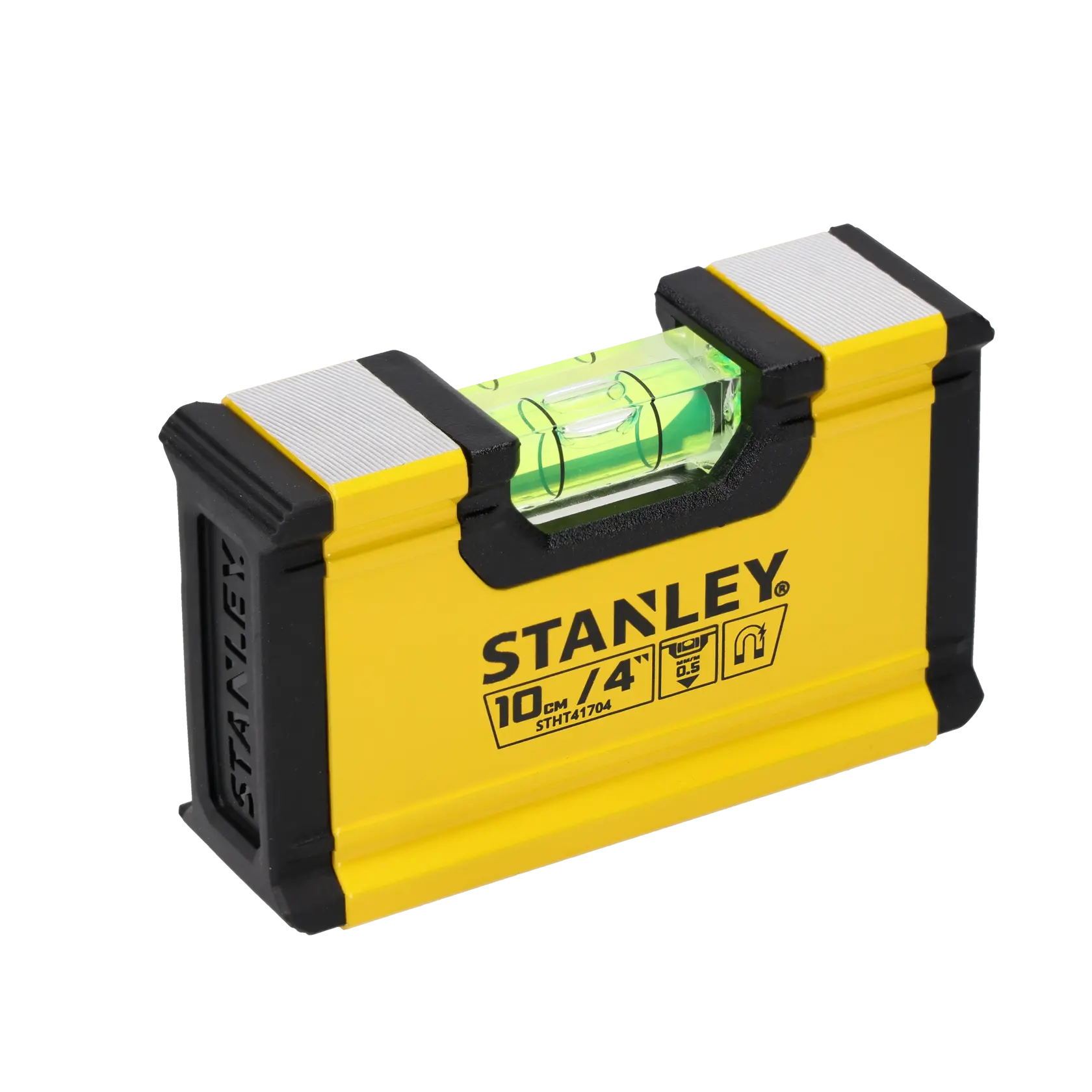 STANLEY STHT41704 yellow magnetic torpedo level, 10cm/4in, front angle, white background.