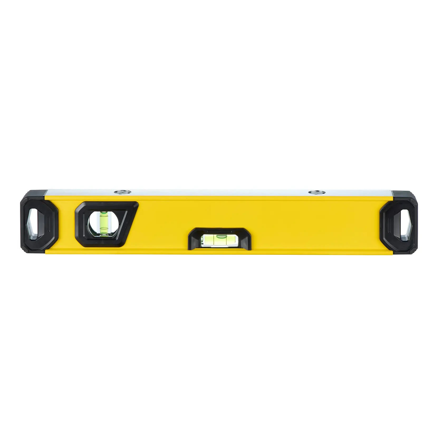 A yellow spirit level tool with black end caps and a central bubble vial, shown against a white background.
