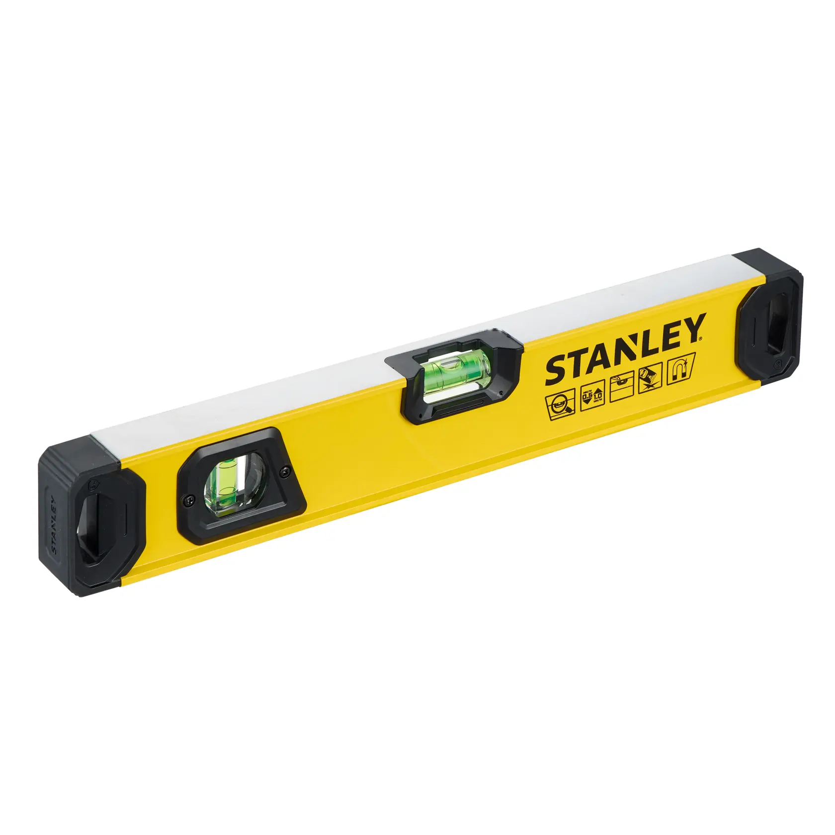 A Stanley brand spirit level tool with a yellow body and black end caps, designed for measuring horizontal and vertical alignment.