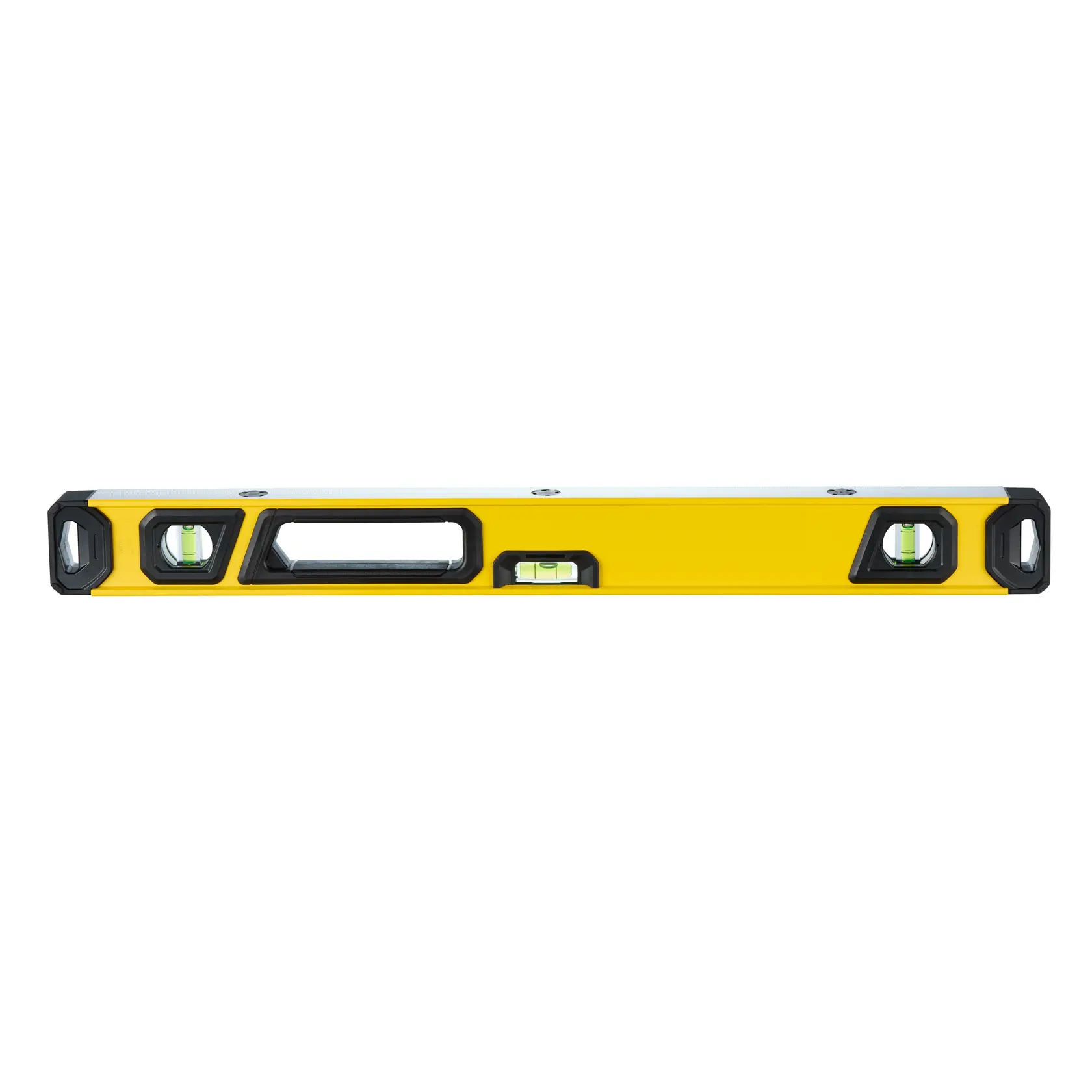 A yellow spirit level tool with black end caps and a built-in handle, designed for accurate measurement of horizontal and vertical alignment.