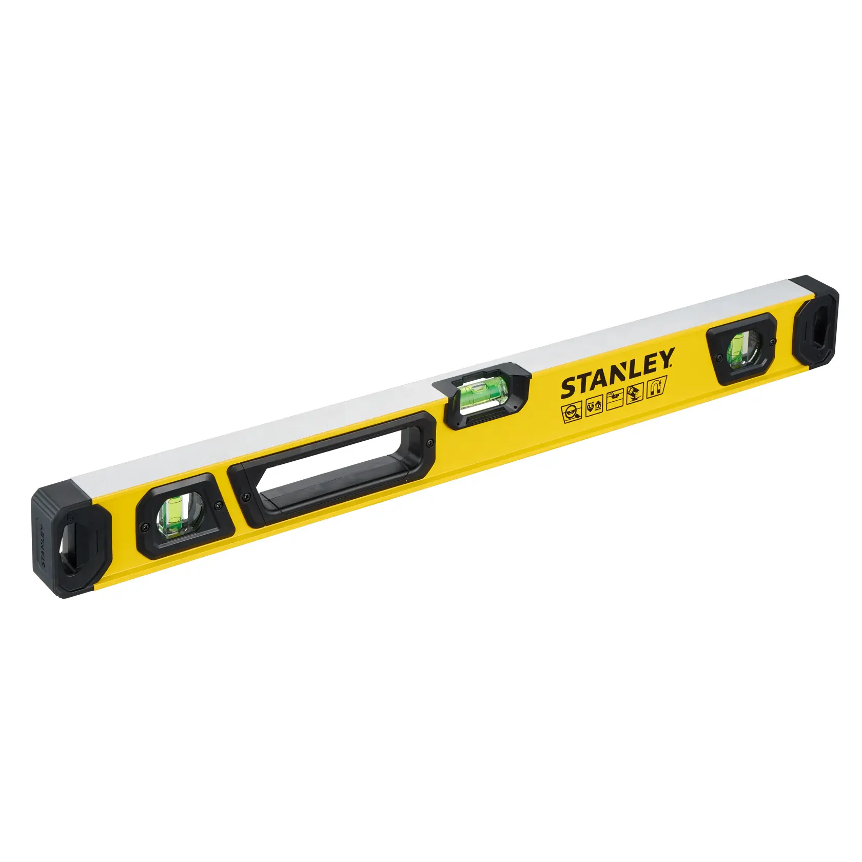 A yellow STANLEY spirit level tool with three vials, black plastic end caps, and a central handle grip, designed for measuring horizontal and vertical surfaces.