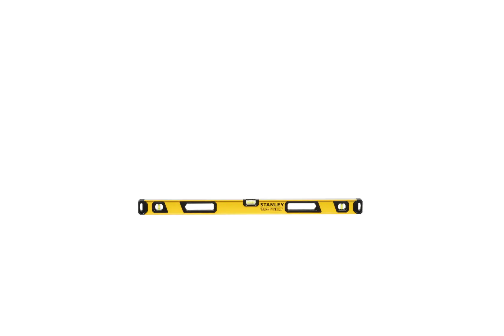 A yellow STANLEY spirit level tool with black accents and three vials for measuring horizontal and vertical alignment.