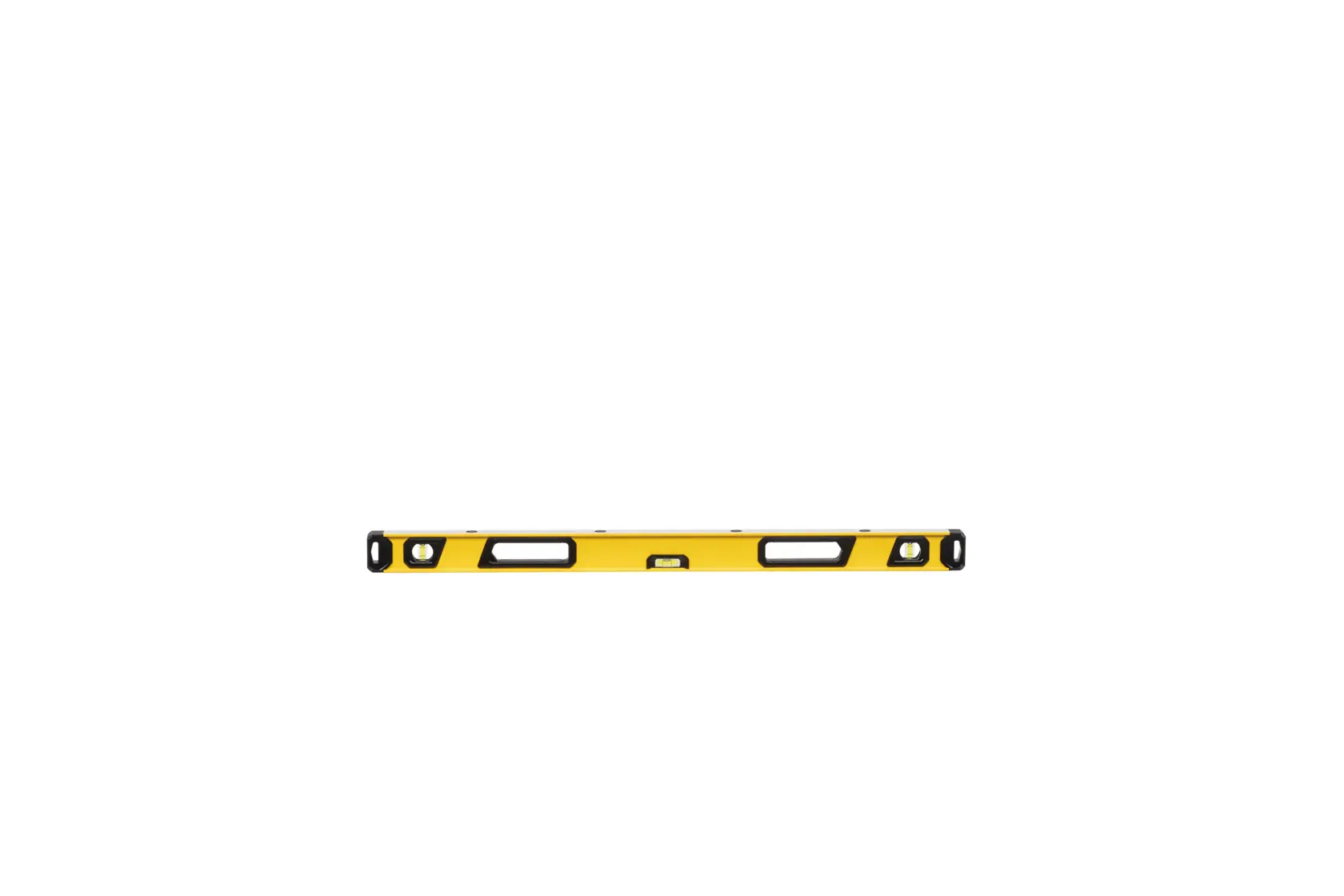 A yellow spirit level tool with black trim, photographed against a white background.