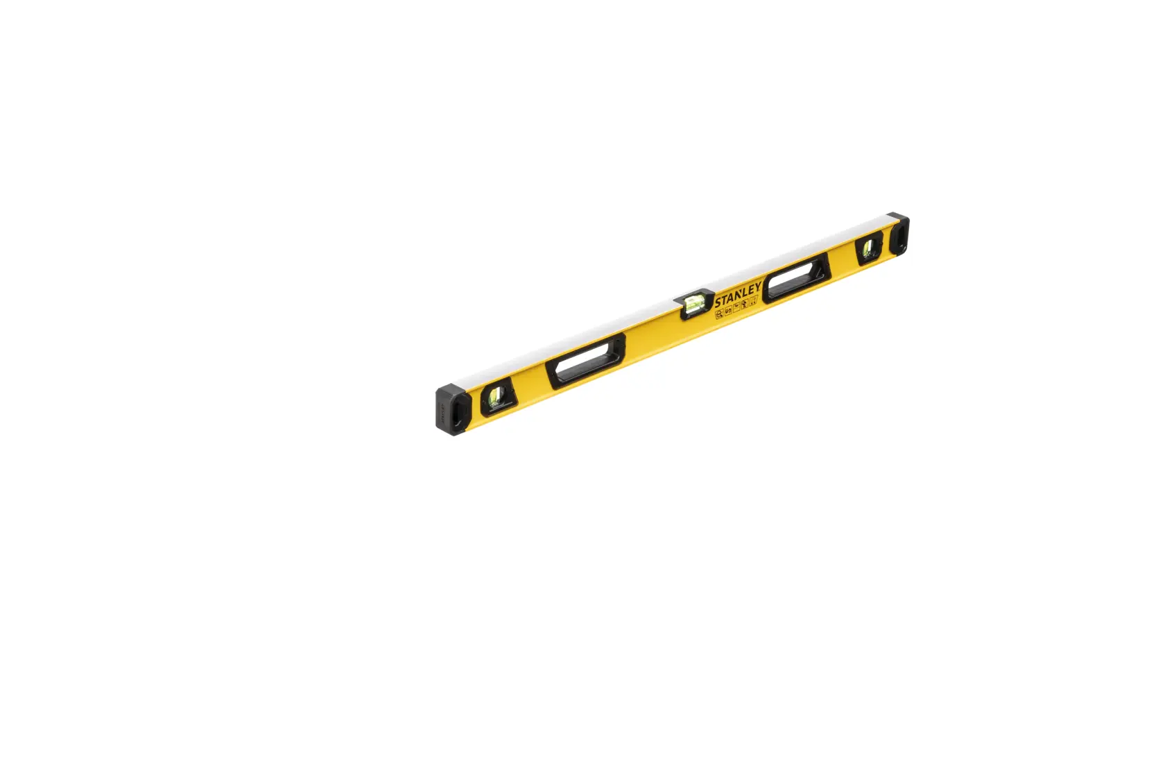 A yellow and black STANLEY spirit level with three vials, shown on a white background.