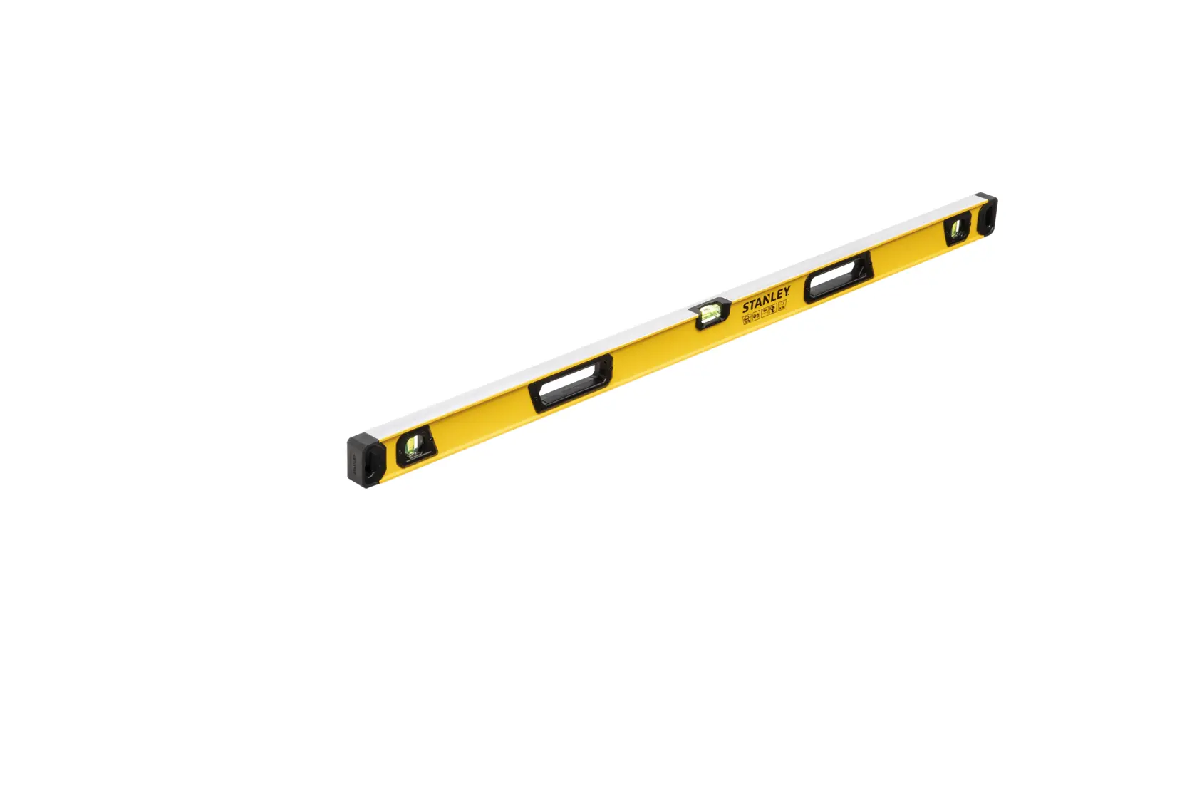 A yellow STANLEY spirit level tool with black end caps and multiple bubble vials, designed for precise leveling tasks.