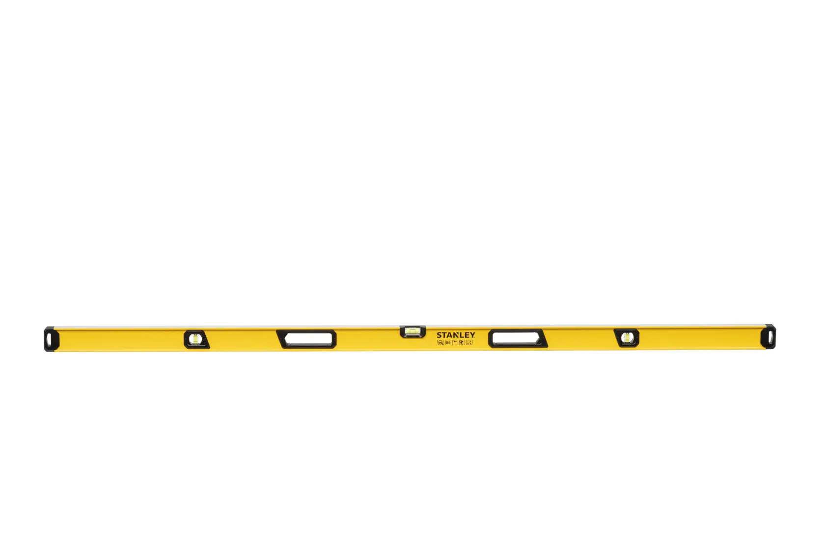 A yellow Stanley spirit level tool with multiple bubble vials, designed for precise leveling tasks.