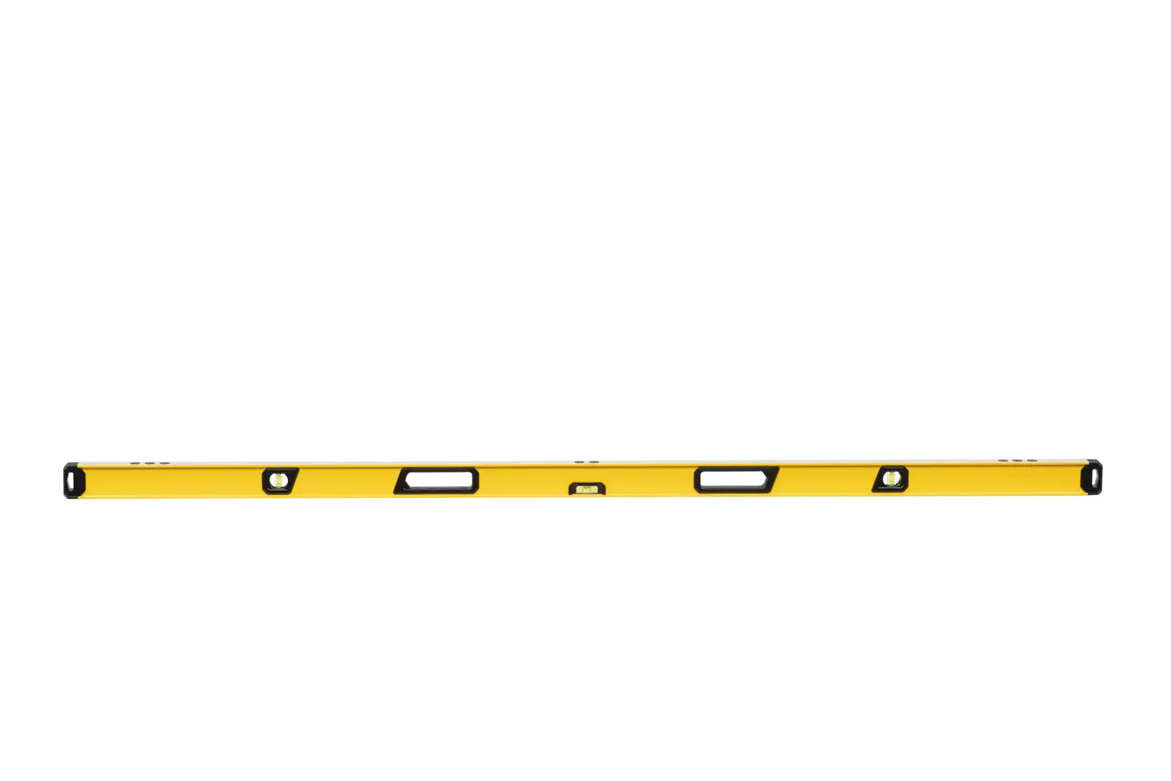A yellow spirit level tool with multiple viewing windows and black edges, placed horizontally against a white background.