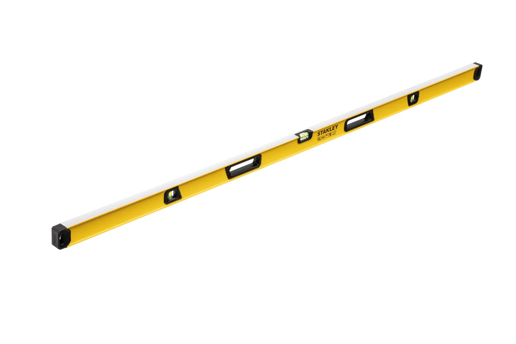 A yellow and silver Stanley spirit level with three bubble vials and black end caps, used for checking horizontal and vertical alignment.