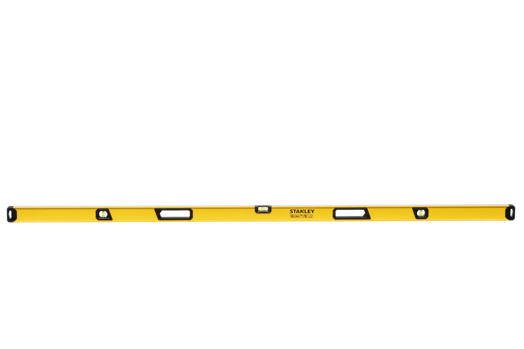 A yellow STANLEY spirit level with black details, featuring multiple vials for measuring horizontal and vertical alignment.