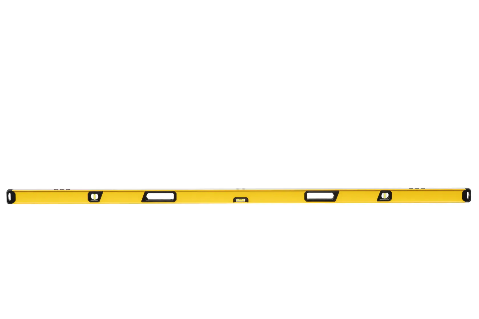 A yellow spirit level tool with handle holes, designed for accurate leveling in construction or DIY projects.