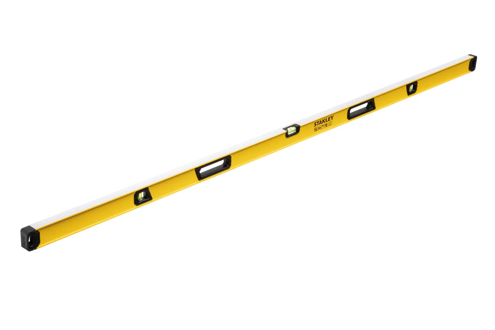 A yellow STANLEY spirit level with a long rectangular shape, featuring multiple bubble vials and handles.