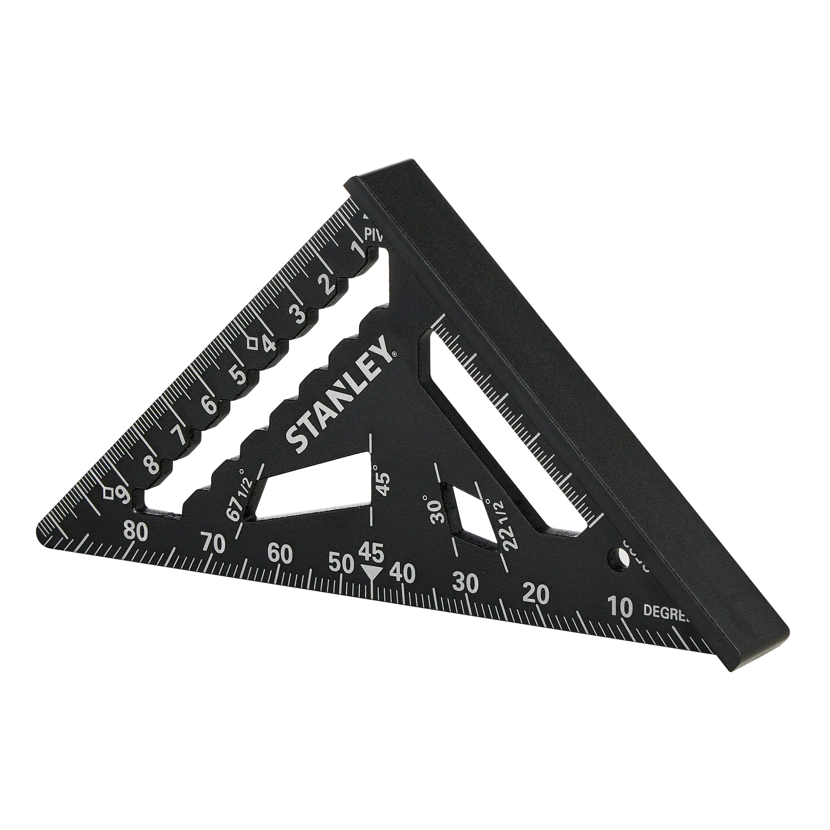 STANLEY STHT46100-0 black triangular rafter square with measurement markings, front angle on white background.