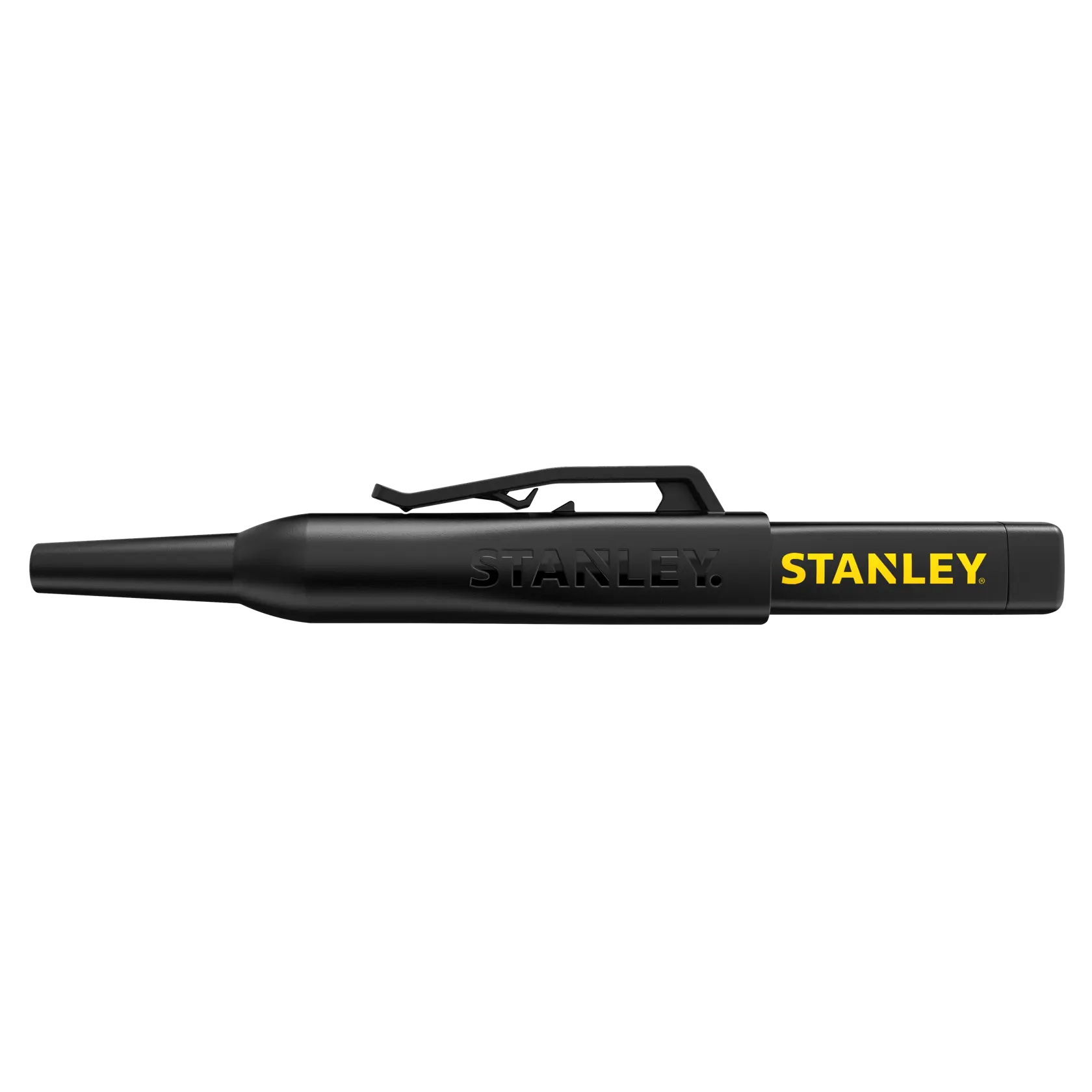 Photo of STANLEY STHT47003-0 black voltage tester pen, side view, with yellow STANLEY logo on white background.