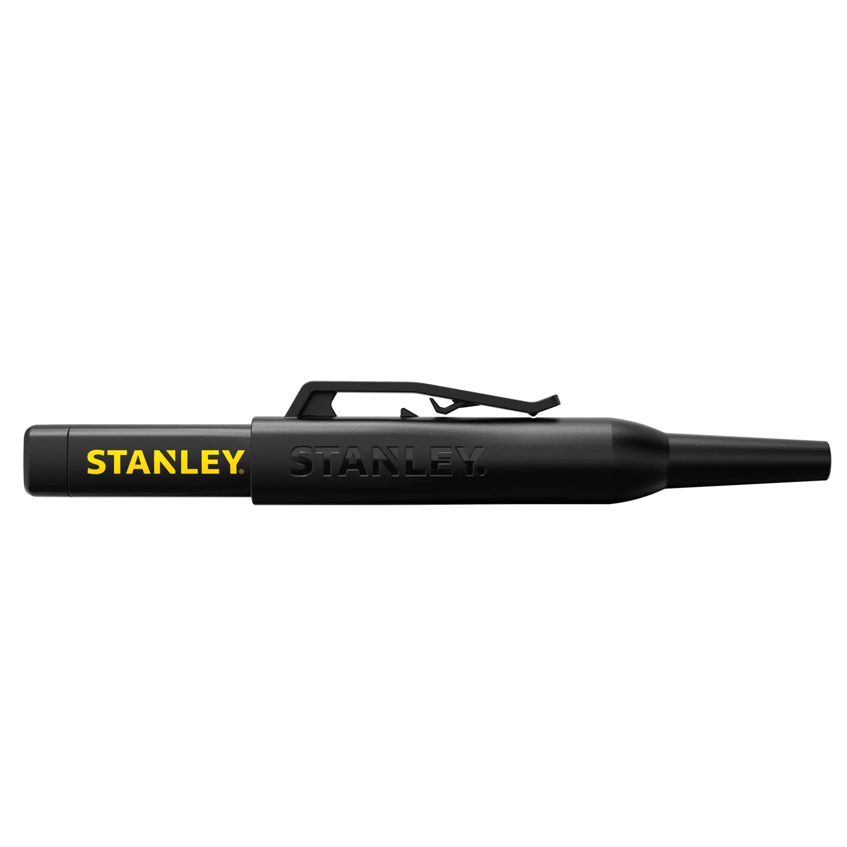 Photo of STANLEY STHT47003-0 black marker pen with yellow logo, side view, product photography.