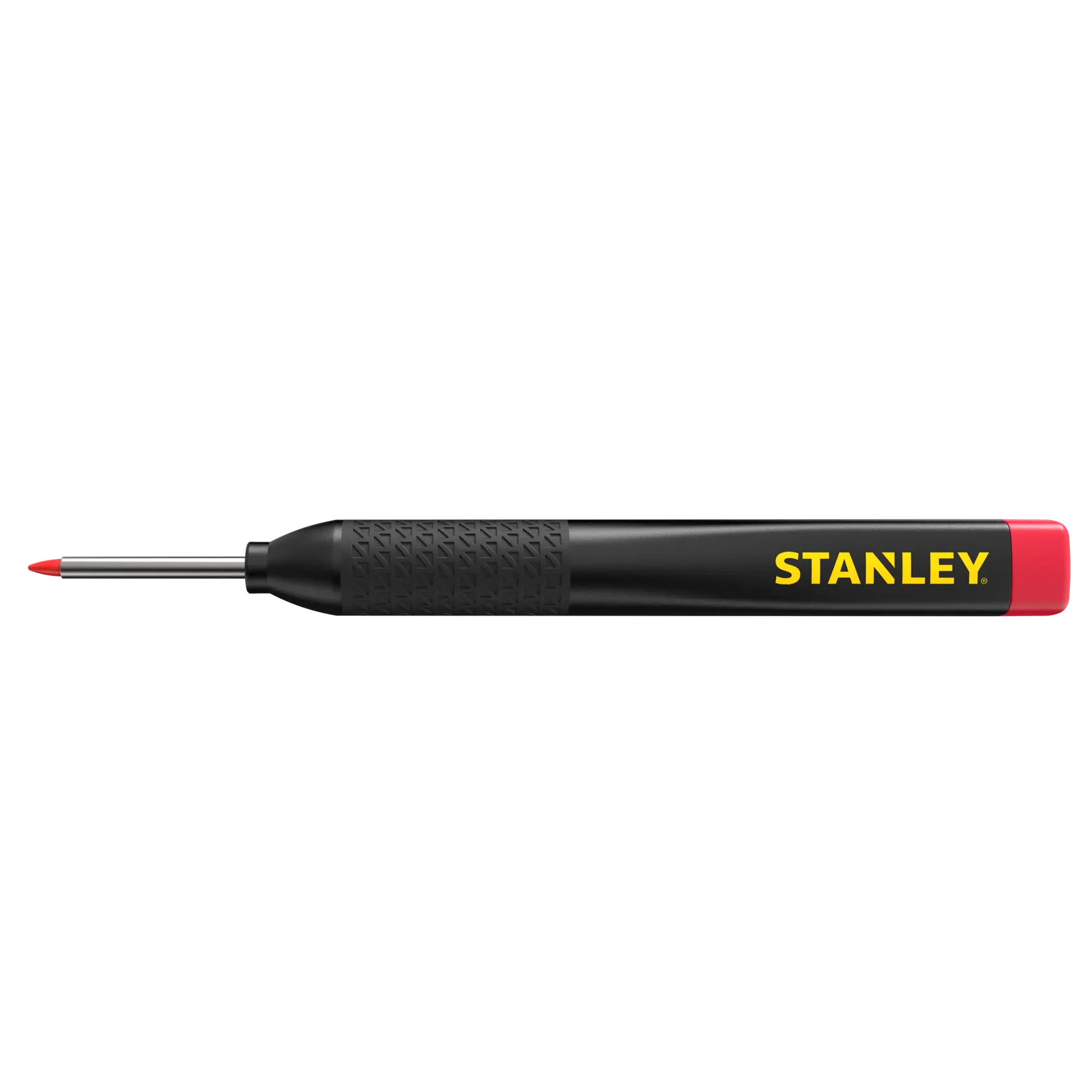 Photo of STANLEY STHT47005 center punch with black textured handle, yellow logo, and red tip on white background, side view.