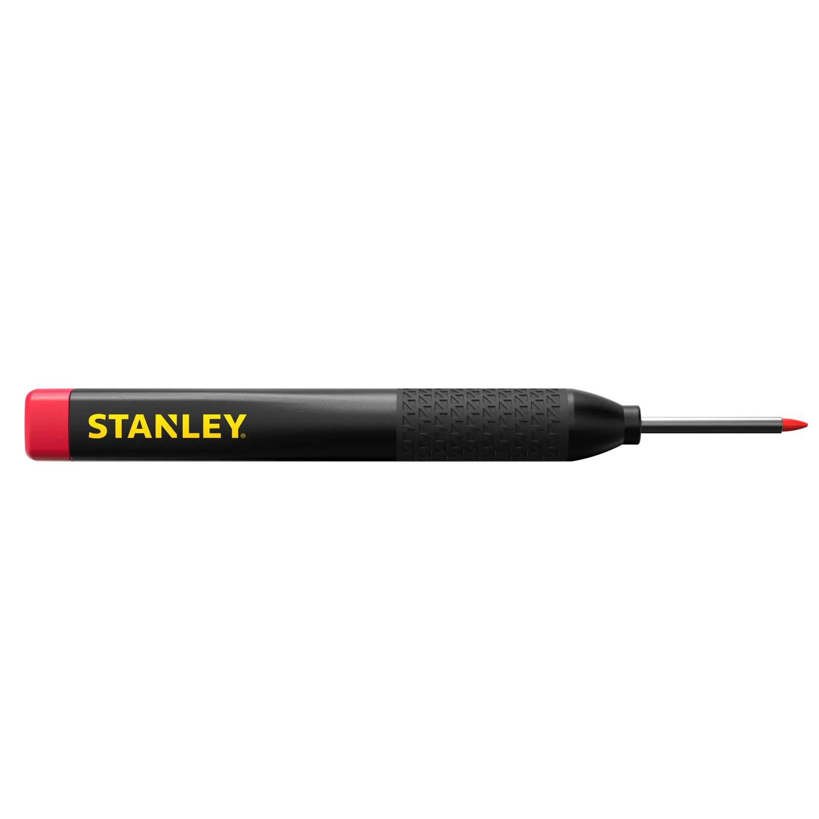 Photo of STANLEY STHT47005 black and red center punch tool, side view, with yellow logo on handle.